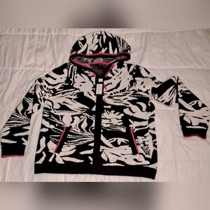 Elana Wang HOODED Zippered Heavy Knit Cardigan Abstract Black And White